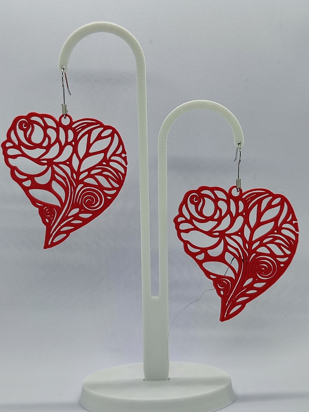 Red Heart Rose Filigree Dangle Earrings - Unbranded